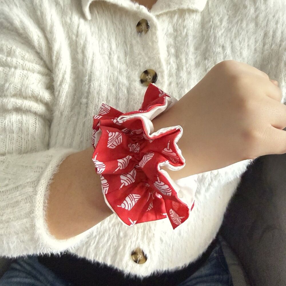 Handmade Red & Cream Scrunchie Hair Tie Ruffled Elastic Ponytail Holder - Picture 2 of 13